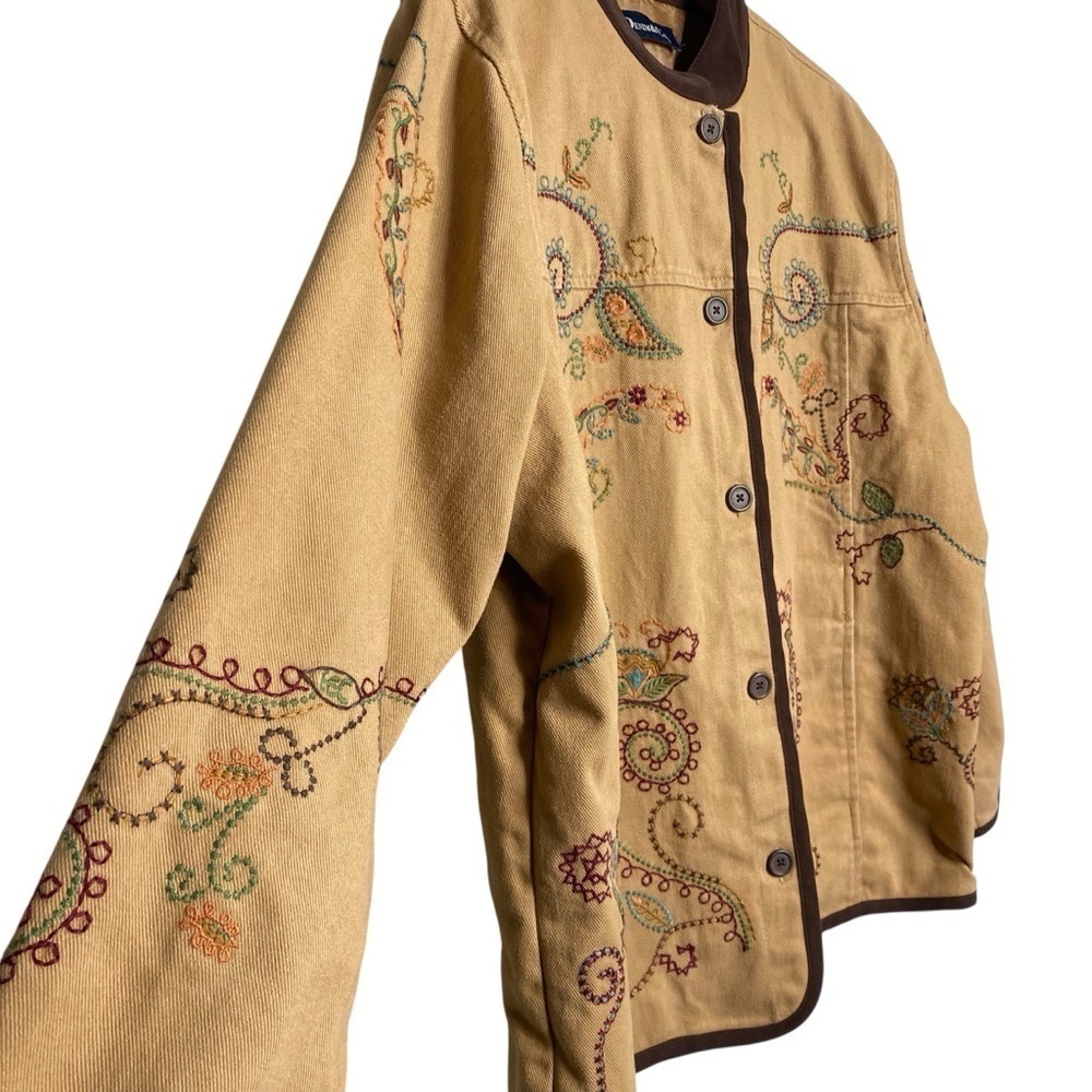 Denim & Co beige Denim Duck barn jacket Paisley embroidery Cottagecore XL - Picture 5 of 10